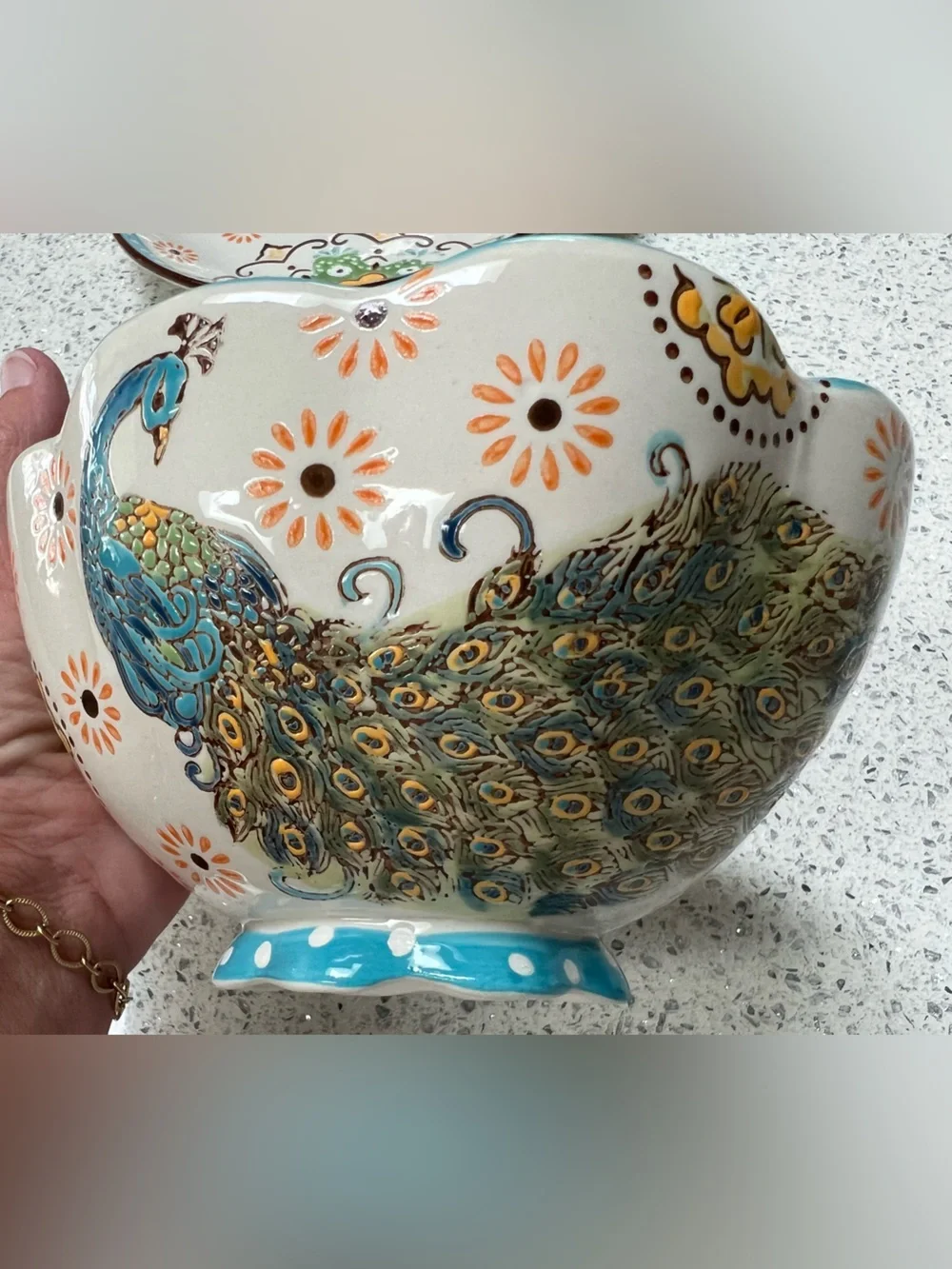 Artistic Accents Hand-Painted Platter & Bowl Peacock Coastline Imports EUC